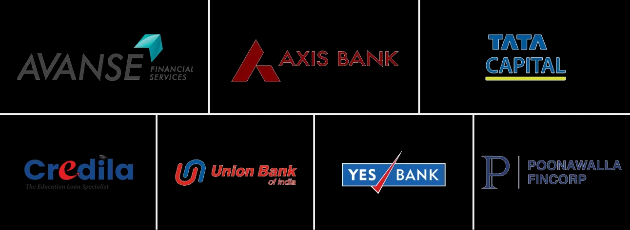 Our lending partners: Avanse, Axis Bank, Tata Capital, Credila, Union Bank of India, YES Bank, and Poonawalla Fincorp