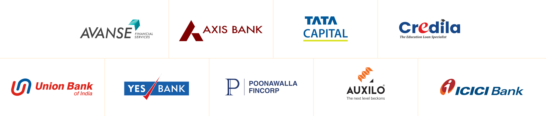 Our lending partners: Avanse, Axis Bank, Tata Capital, Credila, Union Bank of India, YES Bank, Poonawalla Fincorp, Auxilo, and ICICI Bank